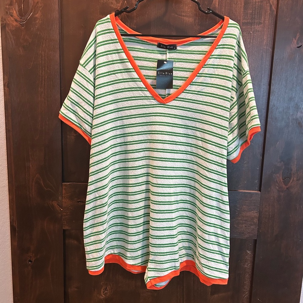 Ella Blue Green Striped V-Neck Romper with Orange Accents